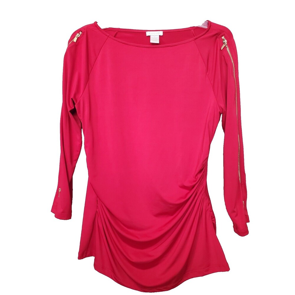 Cache Red Ruched Sides Zipper-Accent Long Sleeve Stretchy Top Size M 90s Y2K